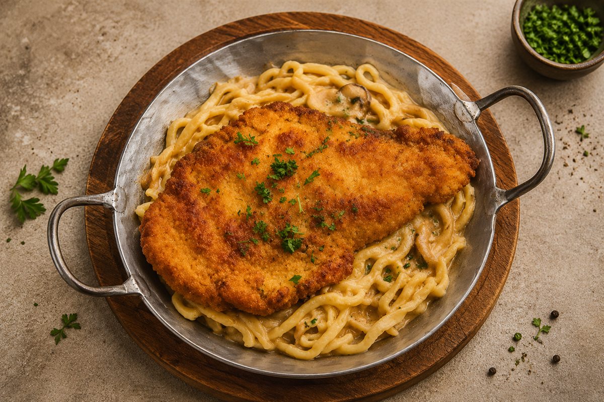 Badener Pfännle mit Schnitzel, Spätzle und Champignonrahmsoße