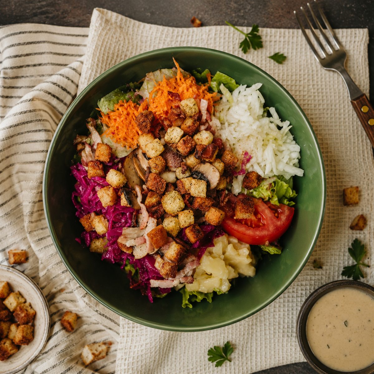 Schwarzwälder Salat mit Speck, Croutons und Champignons
